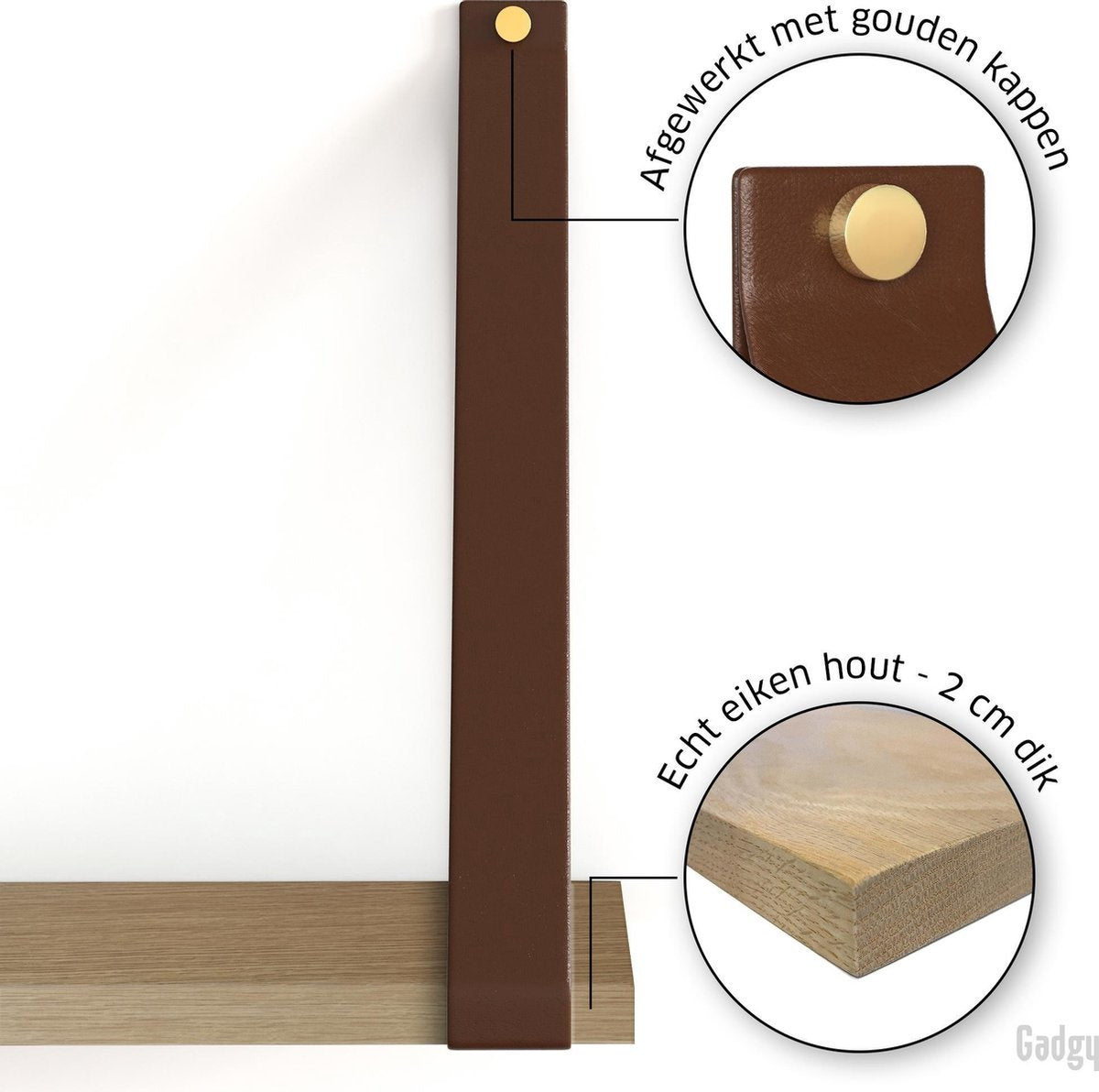 Gadgy Wandregal mit Ledergurten - Wandregal Holz - Wandregale - Wandregal schwebend - Bücherregal - Wanddekoration - 50x15cm