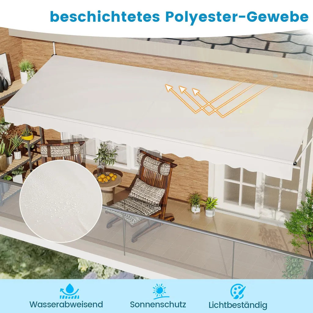 Coast Klemmarkise 400 × 120 cm – Weiß – Bohrfreier Balkonsonnenschutz mit Handkurbel und höhenverstellbar