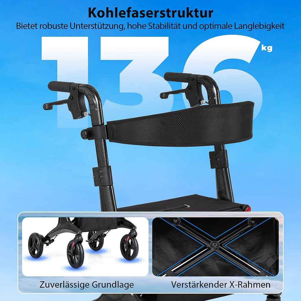 Coast Faltbarer Rollator Schwarz - Ultraleichte Carbon Gehhilfe mit Sitz - 78 x 62 x 86-99 cm