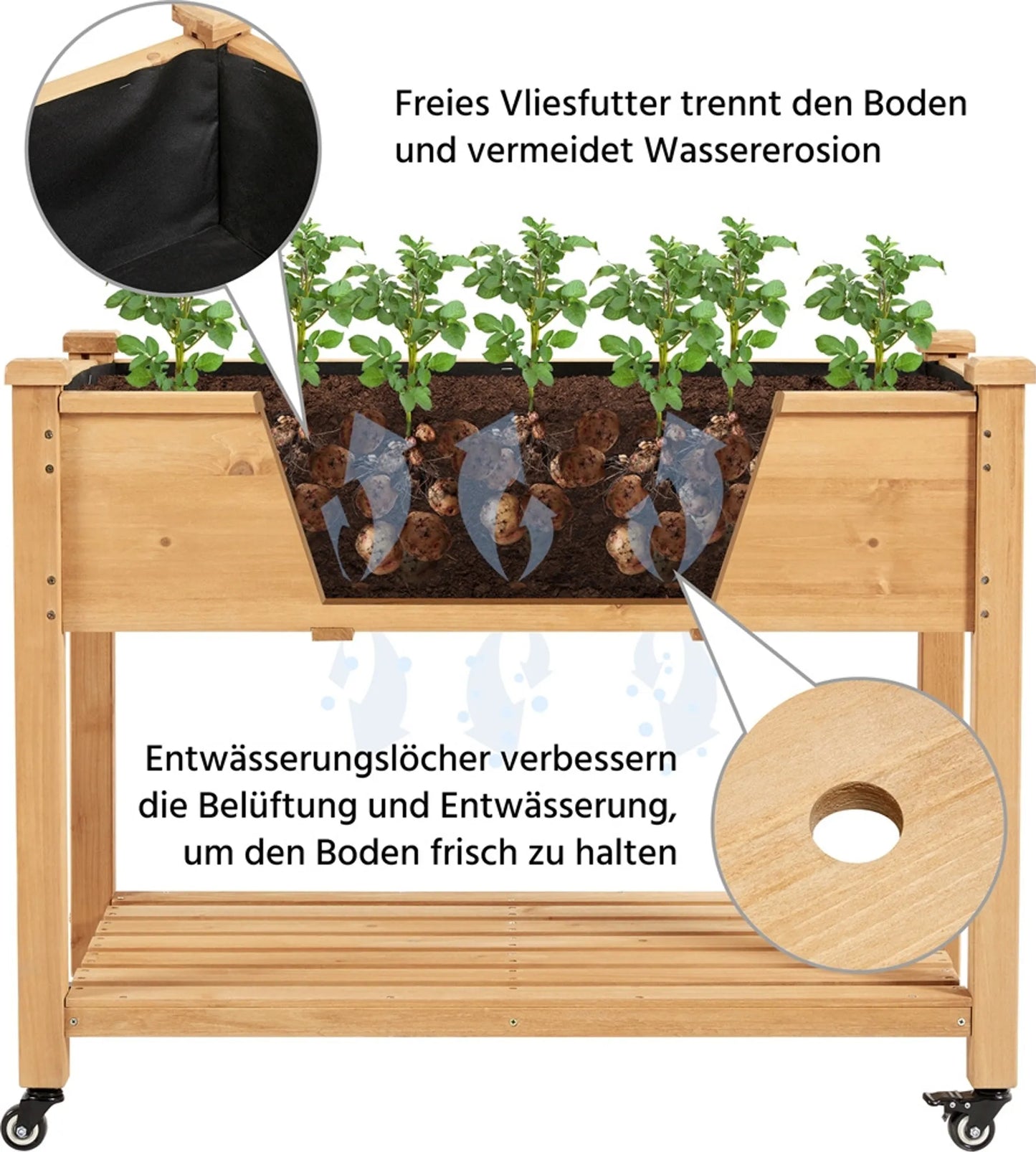 Yaheetech Pflanzgefäß auf Rädern - mit 4 Entwässerungslöchern und Aufbewahrungsbox und 360° Rollen - für Garten, Balkon und Terrasse - Fichte hellbraun - 105,5 x 56,5 x 83,5 cm