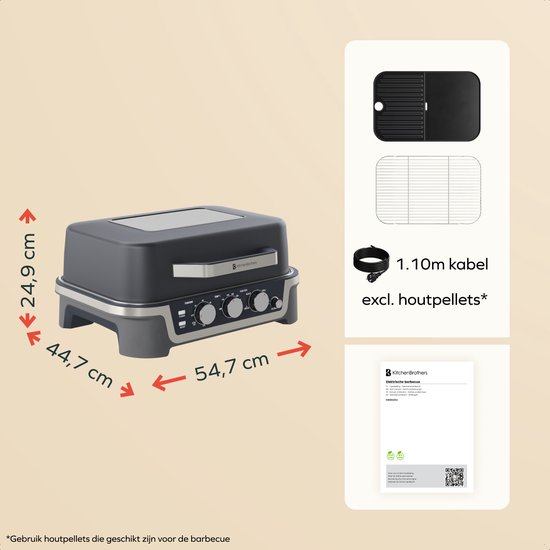 KitchenBrothers Elektro-Grill und Smoker – Tischmodell für den Balkon – 90 °C bis 250 °C – 2600 W – Tischgrill – Mit Sichtfenster