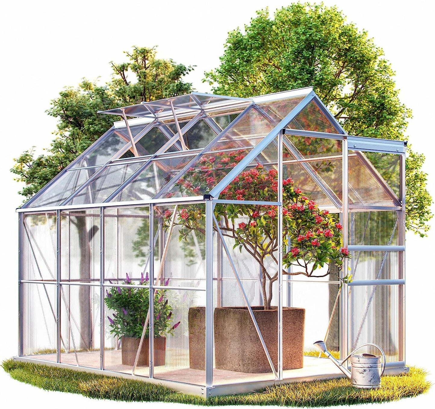 Gewächshaus M4 aus Polycarbonat mit Fuß – 250 x 190 x 195 cm – 7,6 m³ – 2 Dachfenster – Regenrinne