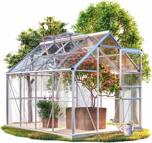 Gewächshaus M4 aus Polycarbonat mit Fuß – 250 x 190 x 195 cm – 7,6 m³ – 2 Dachfenster – Regenrinne