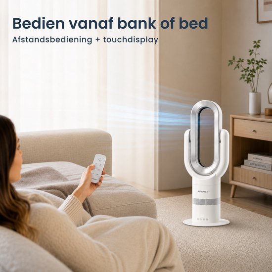 Aironex Swing kabelloser Ventilator mit Heizfunktion – Heizventilator – 2-in-1: Kühlen & Heizen – 10 Stufen – 71° Schwenkbereich – Fernbedienung – Weiß