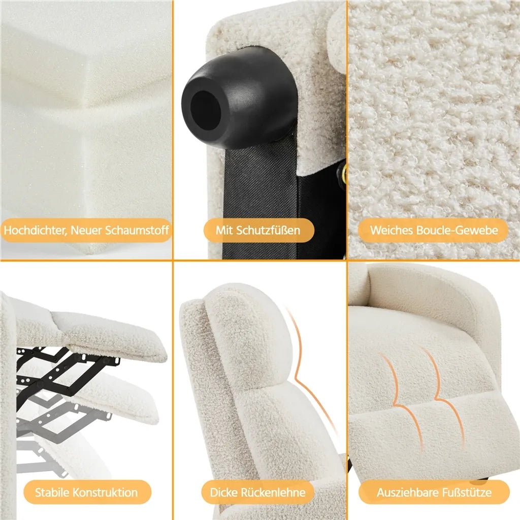 Yaheetech Relaxsessel – Verstellbare Rückenlehne – Fußstütze – Bouclé – Cremefarben