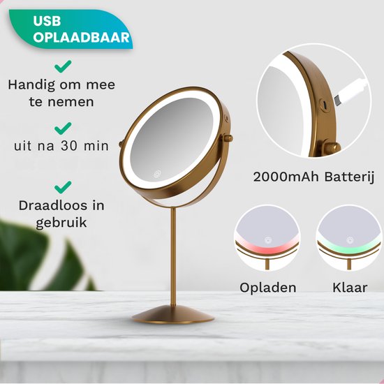 Mirlux Make-up-Spiegel mit LED-Beleuchtung - 10x Vergrößerung Licht - Rasierspiegel klein auf Fuß - 3 Lichtstufen - wiederaufladbar - Vergrößerungsspiegel Gold