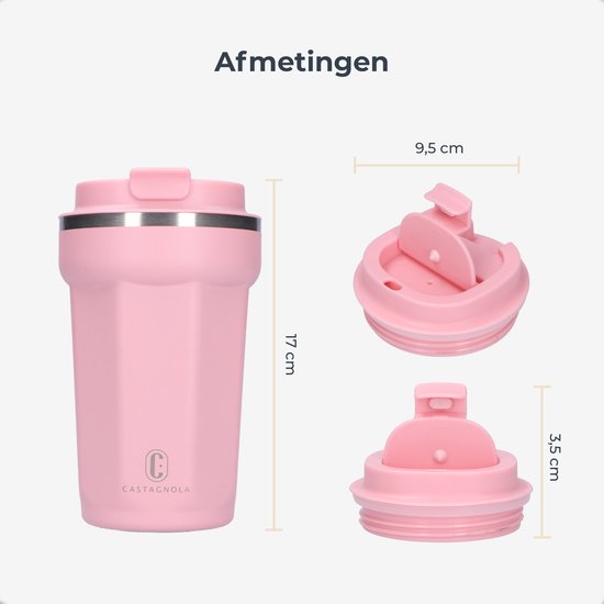 Castagnola Thermosbecher - Kaffeebecher To Go - Reisebecher für Kaffee und Tee - Teebecher - 380 ML - Edelstahl - Rosa - Achteck
