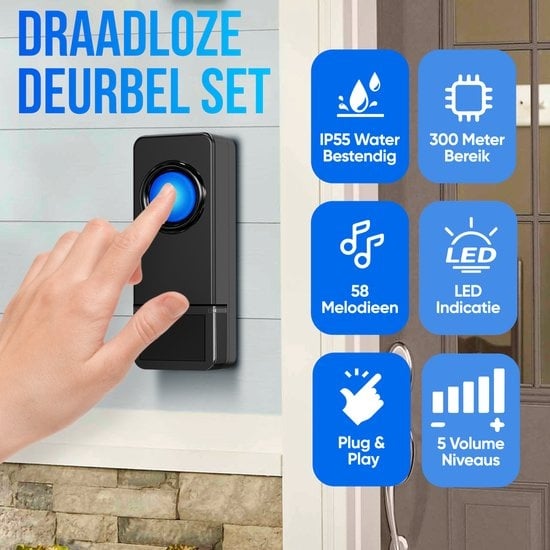 Strex - Funk-Türklingel - mit 2 Batterieempfängern - 300 Meter - 4 Lautstärken / 58 Melodien - IP55 Wasserdicht - Schwarz