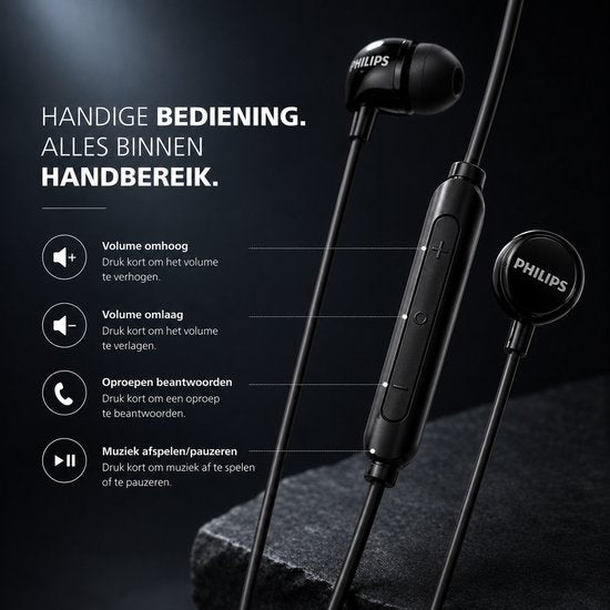 Philips In-Ear-Kopfhörer TAE1156BK – Clear Sound – mit Kabel – Fernbedienung mit Mikrofon – 3,5-mm-Klinkenstecker – Schwarz