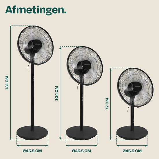 VONROC Standventilator – Ø 45,5 cm – 3 Geschwindigkeitsstufen – Timer – in 3 Höhen verstellbar – inkl. Fernbedienung – schwarz