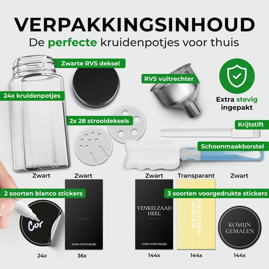 Soothe 24 Glasgewürzdosen quadratisch mit schwarzem Deckel - 2 Arten von Streudeckeln - Gewürzstreuer - Gewürzdosen - Komplettset inkl. Gewürzsticker, Kreidestift und Zubehör - 120ml