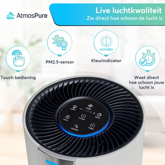 AtmosPure® CleanAir Luftreiniger - Luftreiniger mit austauschbarem HEPA 13 + Kohlefilter - CADR 250 m³/h - Weiß - Für 97 m² - Wirkt gegen Staubmilben, Heuschnupfen, Allergien, -3 Modi + stiller Schlafmodus - Luftqualitätssensor