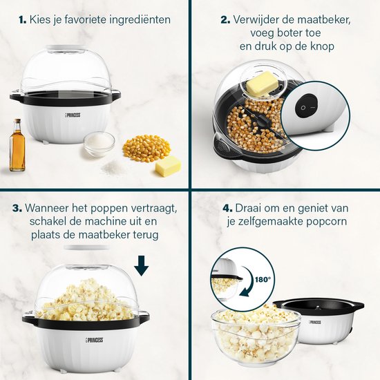 Princess 292980 Popcornmaker – Popcornmaschine 450 W - Transparenter Deckel - Servierschale - Rund - Knuspriges und gesundes Popcorn - mit Messbecher - mit Schmelzplatte für Butter - Öl kann hinzugefügt werden - Kinderparty