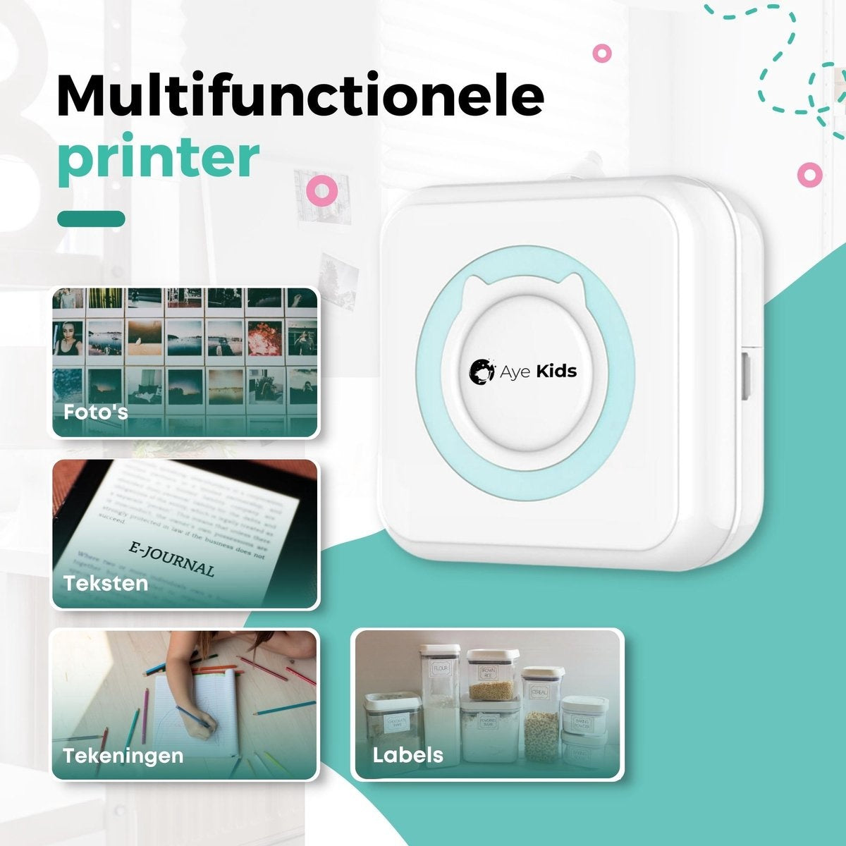 AyeKids Fotodrucker - Bluetooth - Kabellos - Inkl. 1 Rolle Fotopapier - Mini-Drucker - Taschendrucker - Blau