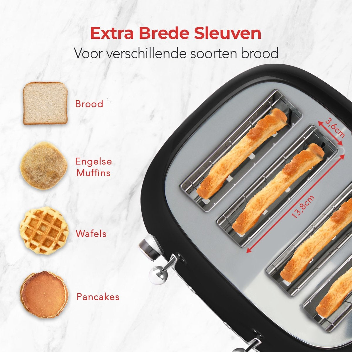 KitchenBrothers Retro-Toaster - 6 Heizstufen - 4 extra breite Schlitze - 1630W - Aufwärm- und Auftaufunktion - Schwarz