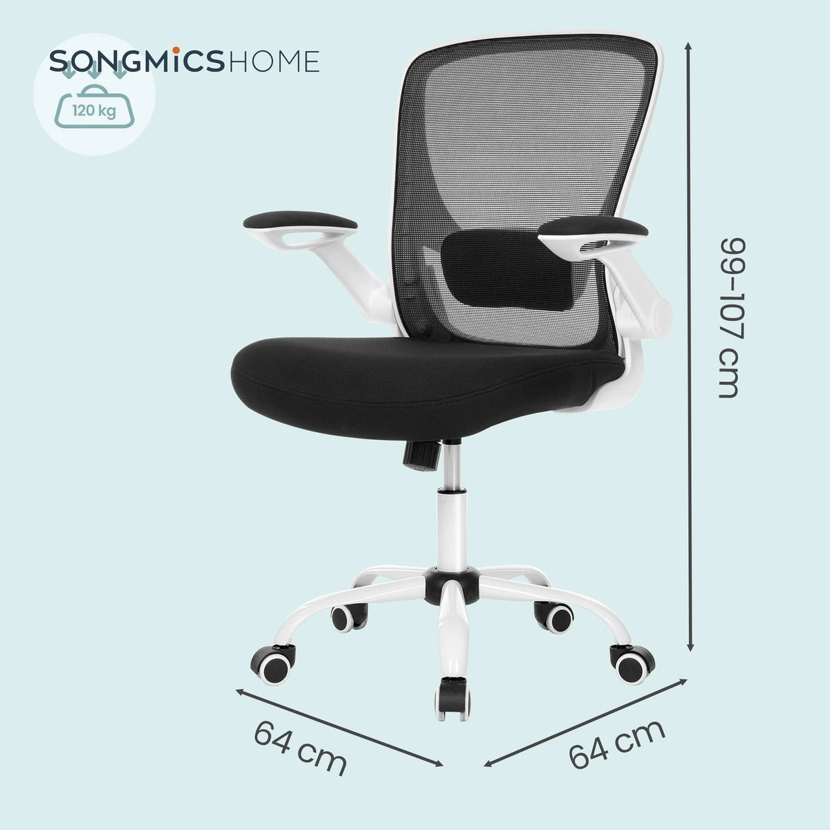 JOYFURNOS Ergonomischer Mesh-Bürostuhl – Schwarz – 60 x 64 x 103–110 cm – Verstellbare Lendenwirbelstütze – Hochklappbare Armlehnen