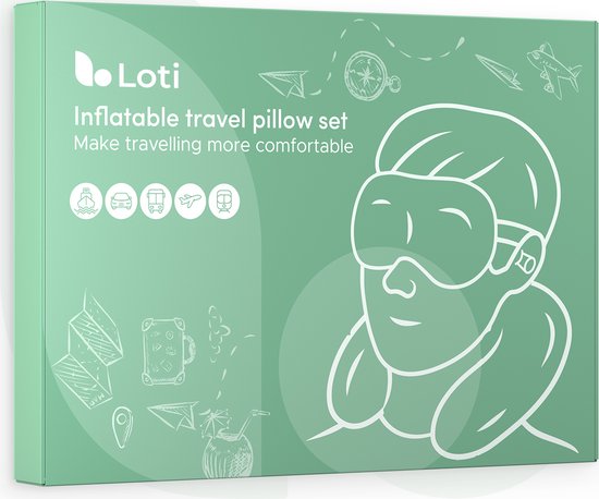 Loti Aufblasbares Nackenkissen Set 3 in 1 mit Aufbewahrungsbeutel - Flugzeugkissen - Reisekissen - Samt - Inklusive Schlafmaske und Ohrstöpsel - Blau
