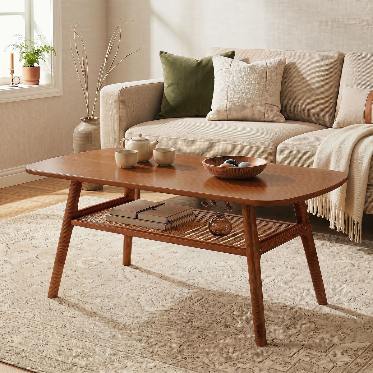 Coast Couchtisch – mit Stauraum aus Rattan – rechteckig – Nussbaum