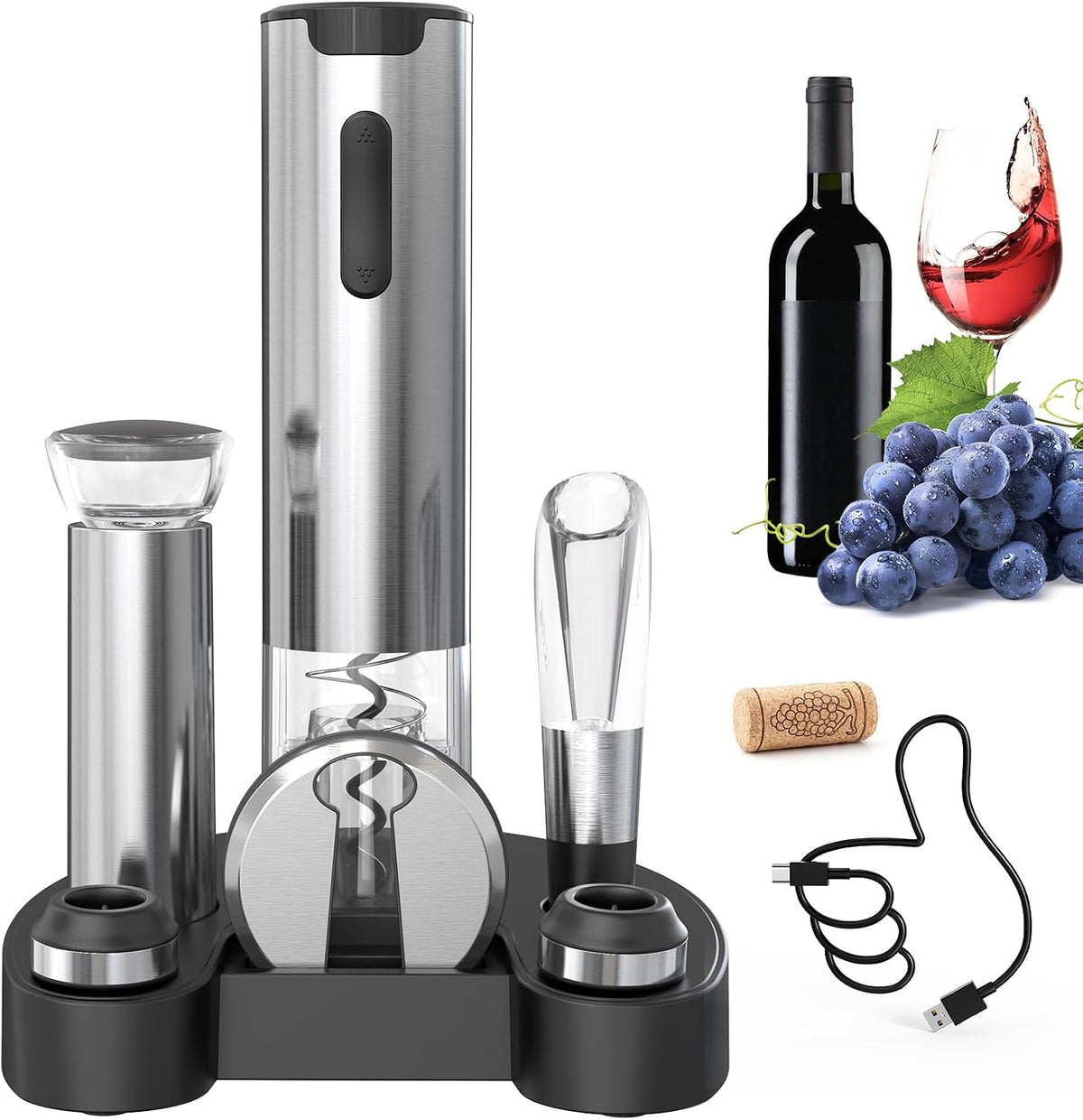 Circle Joy Elektrisches Weinöffner-Set – Wiederaufladbar mit Ladestation – Silber