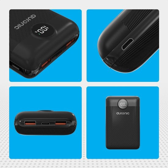 Auronic Powerbank - Schnellladegerät für iPhone und Samsung - 20.000 mAh - 22,5 W - 3 Ladeanschlüsse - Schnellladen über USB-A und USB-C - Schwarz