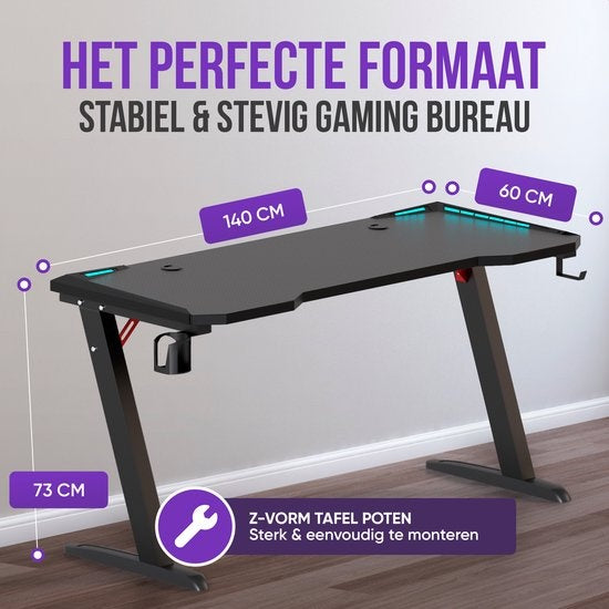 Avalo - Gaming Tisch - 140x60x73 CM - mit LED-Beleuchtung - Schwarz