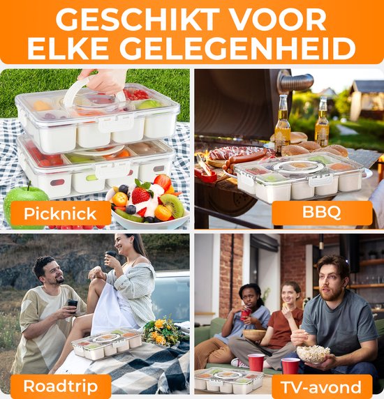Posity Snack Box - Snack Box mit Fächern - Mit Deckel und Griff - 8 Fächer - Unterwegs - Aufbewahrungsbox - Kunststoff - Weiß