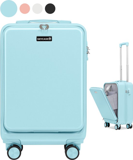Skycases Handgepäck Koffer 35L - Leichter Trolley - Spinner-Räder - TSA-Schloss und Laptop-Fach - Reisekoffer mit praktischer Fronttasche - 55 cm - Hellblau