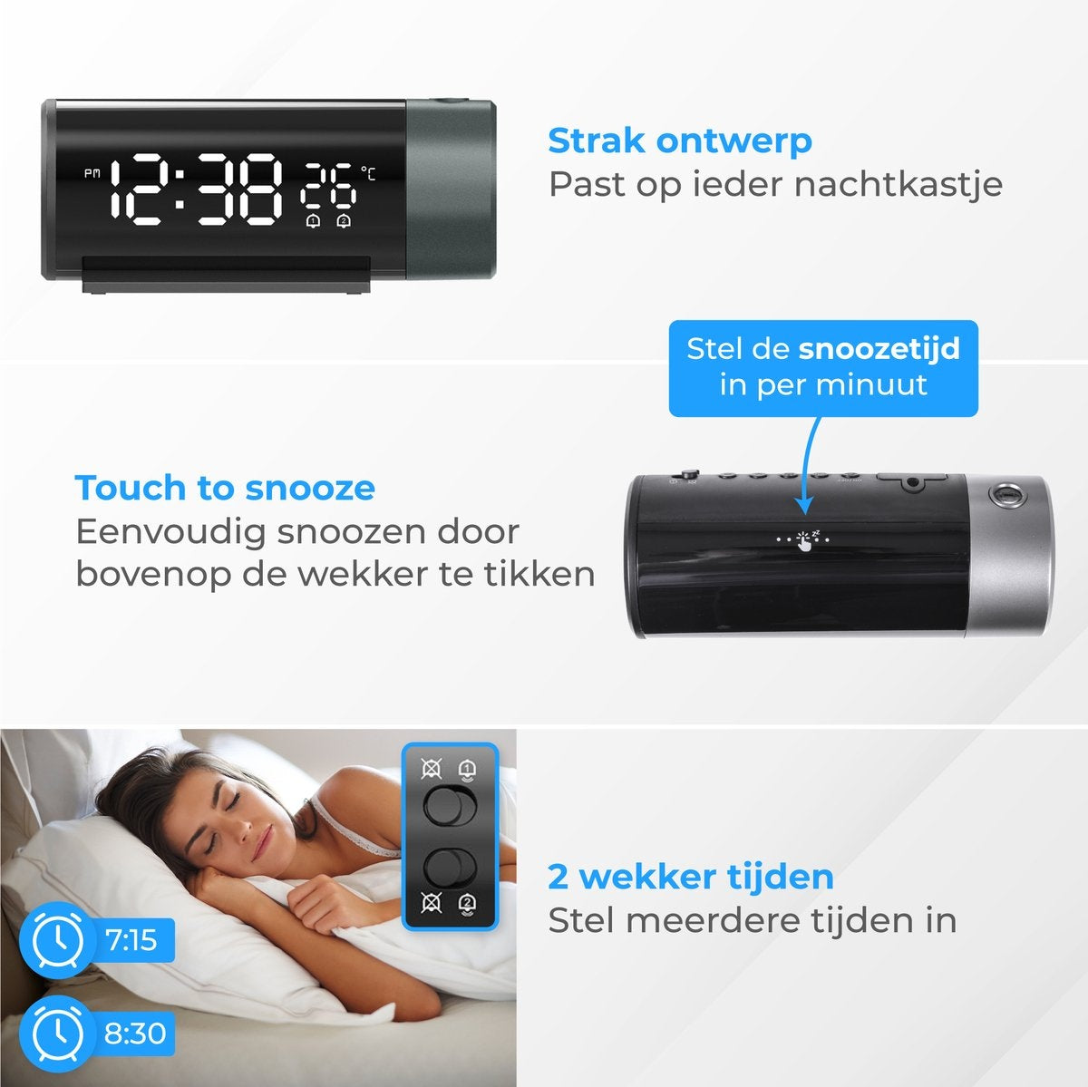 Nuvance - Digitaler Wecker mit Projektion - Digitaler Wecker - mit Snooze-Funktion und Doppelalarm - für das Schlafzimmer - mit USB-Ladeanschluss