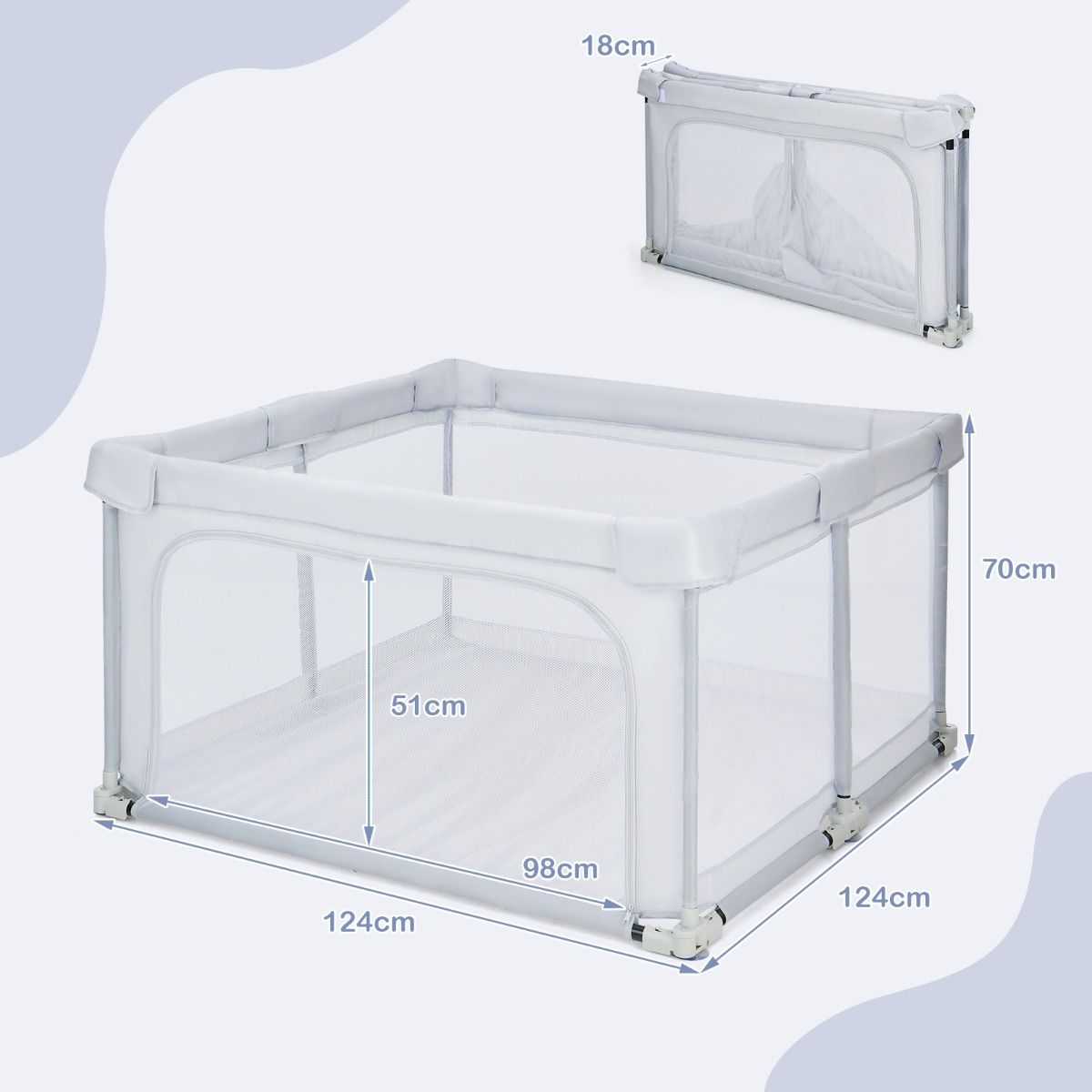 Coast Faltbare Babybox 124x124x70 cm Grau mit 50 Ozeanbällen und 4 Griffen - Oxford-Gewebe, atmungsaktives Mesh