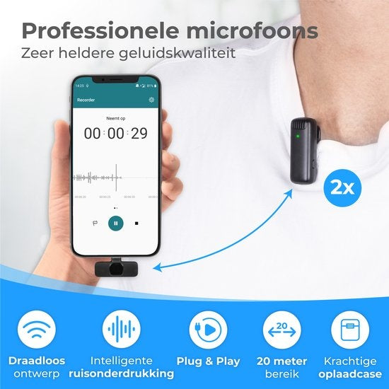 Nuvance - Drahtloses Mikrofon - 2 Stück mit Ladekoffer - Tie Pin Mikrofon - Usb C - Lavelier Mikrofon - Plug & Play