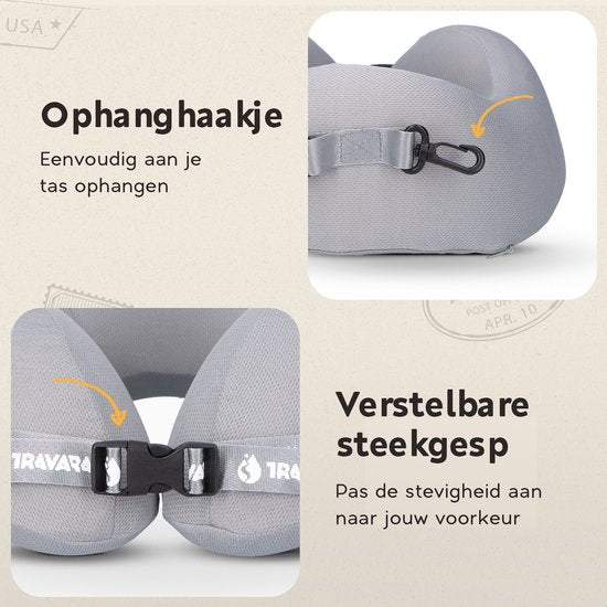 TRAVARA Nackenkissen „The Airhugger“ – Reisekissen – Für das Flugzeug – Autokissen – Memory-Schaum – Kombination aus aufblasbarem Material und Memory-Schaum – Hellgrau