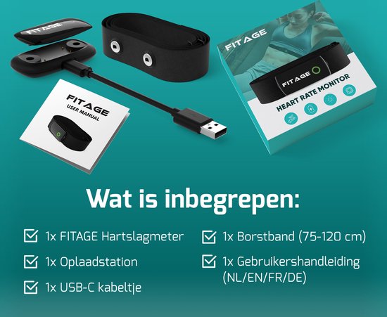 FITAGE - Herzfrequenz-Messgerät HRM-DUAL - Messband mit Bluetooth und ANT+ Sensor - Wiederaufladbare Batterie - Schwarz