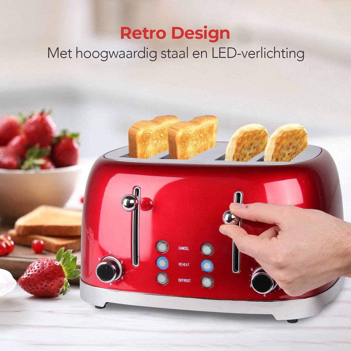 KitchenBrothers Retro-Toaster - 6 Heizstufen - 4 extra breite Schlitze - 1630W - Aufwärm- und Auftaufunktion - Rot