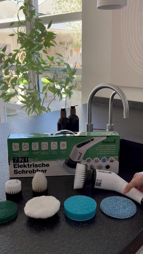 GoScrubÂ® Cleaning King V1 - Elektrische Reinigungsbürste - Elektrische Schrubbbürste - für Bad oder Küche - Schrubber mit Griff - 9 Aufsätze