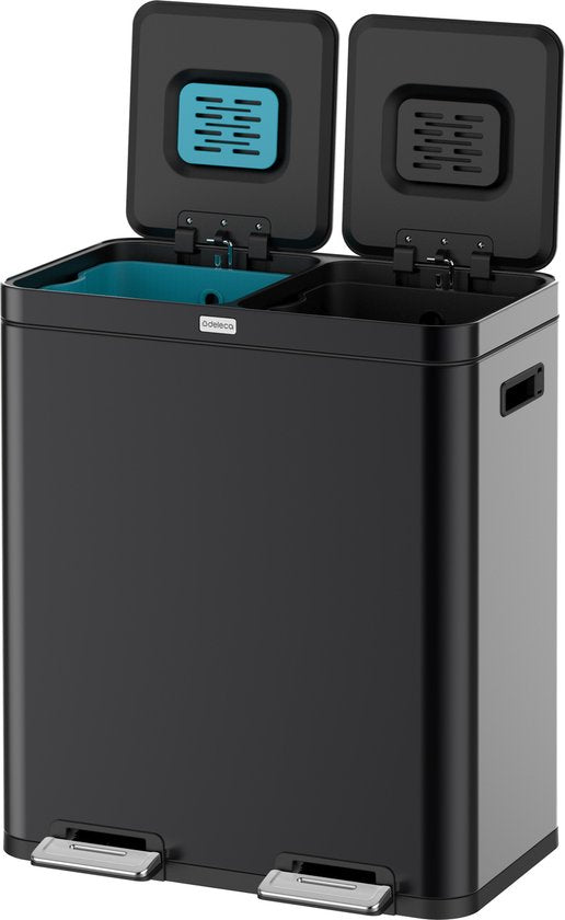 Deleca Wertstoffbehälter mit 2 Fächern - 60 Liter (2x30) Abfallbehälter - Mülltrennung / Pfandbehälter / Tret-Abfallsammler - Mülleimer mit FreshAura Geruchskontrolle - Slow Close - Edelstahl Schwarz
