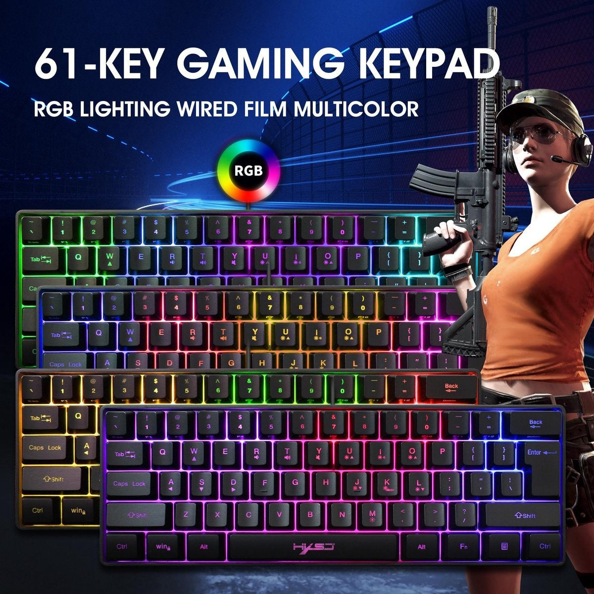 HXSJ - Gaming Tastatur - V700 - RGB Membran - 61 Tasten - kabelgebunden - Schwarz