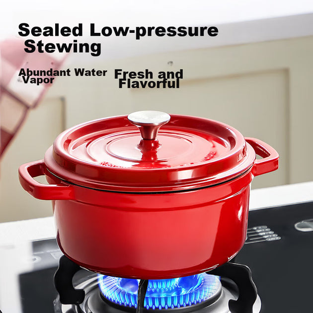 COOKER KING Emaillierter Suppentopf und Stieltopf aus Gusseisen, 24 cm – Chinesisches Rot – Gusseisen und Emaille