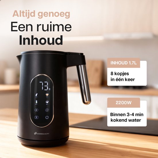 HomeShift® Wasserkocher mit Temperaturkontrolle - Warmhaltefunktion - Doppelwandig - Elektrisch - 1,7 Liter - 2200W - Schwarz