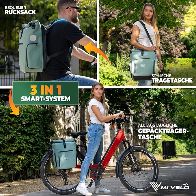 MIVELO - Gepäckträgertasche - 3-in-1 Rucksack & Umhängetasche - Wasserdichtes TPU - 25 Liter - Mint
