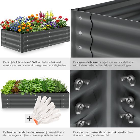 tectake® Erhöhter Pflanzkübel – 120 x 60 x 30 cm – 200 l - Pflanzkübel für den Außenbereich – Anzuchtkasten – Gemüsegarten-Kasten – Verzinkter Stahl – Offener Boden – Kräutergarten – Gartenkübel – Ergonomisch