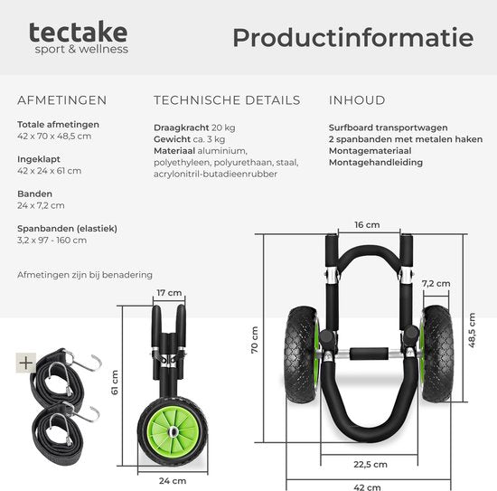 tectake® Faltbarer Transportwagen für Surfboard - Platz für 1 Board - Trolley für aufblasbares SUP Board - Trolley für aufblasbares Kanu oder Kajak - Buggy für Stand-up Paddle oder Surfboard