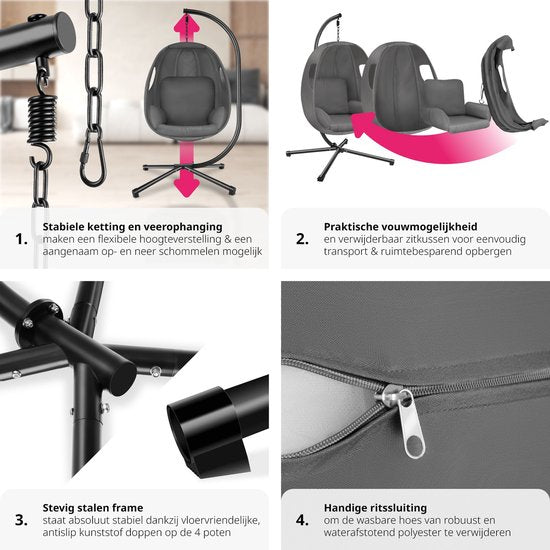 tectake Hängesessel mit Gestell - Schaukelstuhl mit Kissen + Rückenkissen - Möbel für Wohn- oder Schlafzimmer - Balkonmöbel - Für drinnen oder draußen - Bis 160 kg - Anthrazit