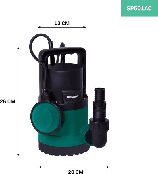 VONROC Tauchpumpe/Wasserpumpe 300W - 6500l/h - Für sauberes und leicht verschmutztes Wasser - Mit Schwimmer