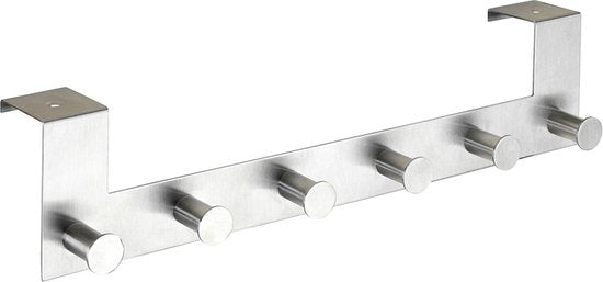 WENKO Türgarderobe Celano aus Edelstahl, 39 cm breit, mit 6 Haken – Hakenleiste – Türgarderobe – Für Aufsatz-Türen mit einer Stärke von 2 cm