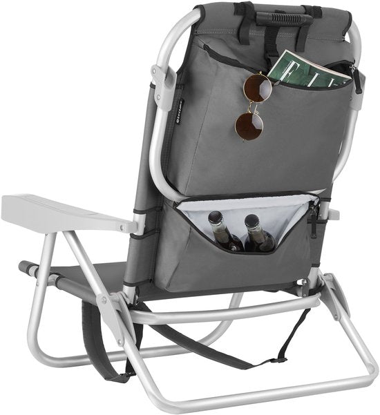 tectake® Beach Chair Coral - faltbarer Campingstuhl mit Kühltasche und Aufbewahrungstasche - 5-fach verstellbare Rückenlehne mit Kopfkissen - breite Armlehnen mit Becherhalter / Telefonhalter - faltbarer Campingstuhl - Grau