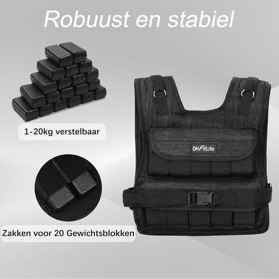 DH FitLife Einstellbare Gewichtsweste 20 KG, Kompakt und stabil für Muskelaufbau und Krafttraining, Gewichtsweste, Laufweste für Frauen und Männer, Fitnessweste, Trainingsweste