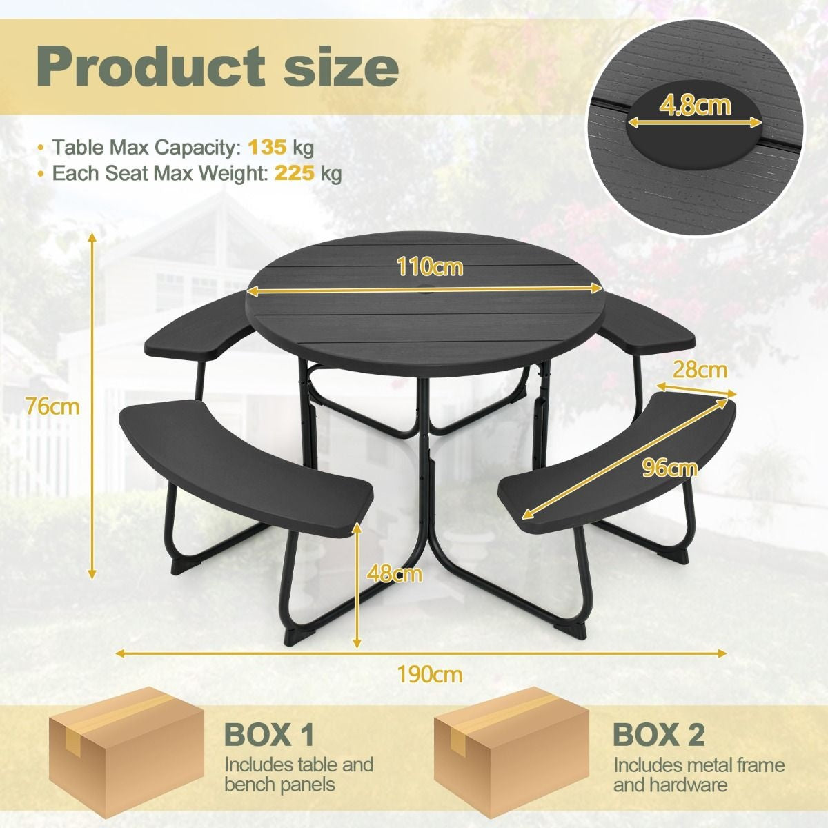Coast Picknicktafel met 4 Banken - Rond - 8 Personen - Max. 225 kg per Bank - Ã˜190cm x 76 cm - Zwart