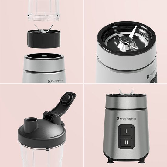 KitchenBrothers Mini Mixer - Mixer zum Mitnehmen - 2 Ständer - Smoothie Maker - 2 To-Go Becher 600 ml - Schwarz