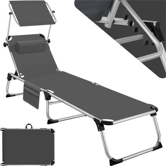 tectake® Liege Aurelie mit Sonnendach und Kissen - Liege - Sonnenliege - Klappbare Balkonliege aus Aluminium - Wetterfeste Gartenliege für Garten, Balkon, Camping und Strand - Verstellbare Rückenlehne mit Kissen - Anthrazit