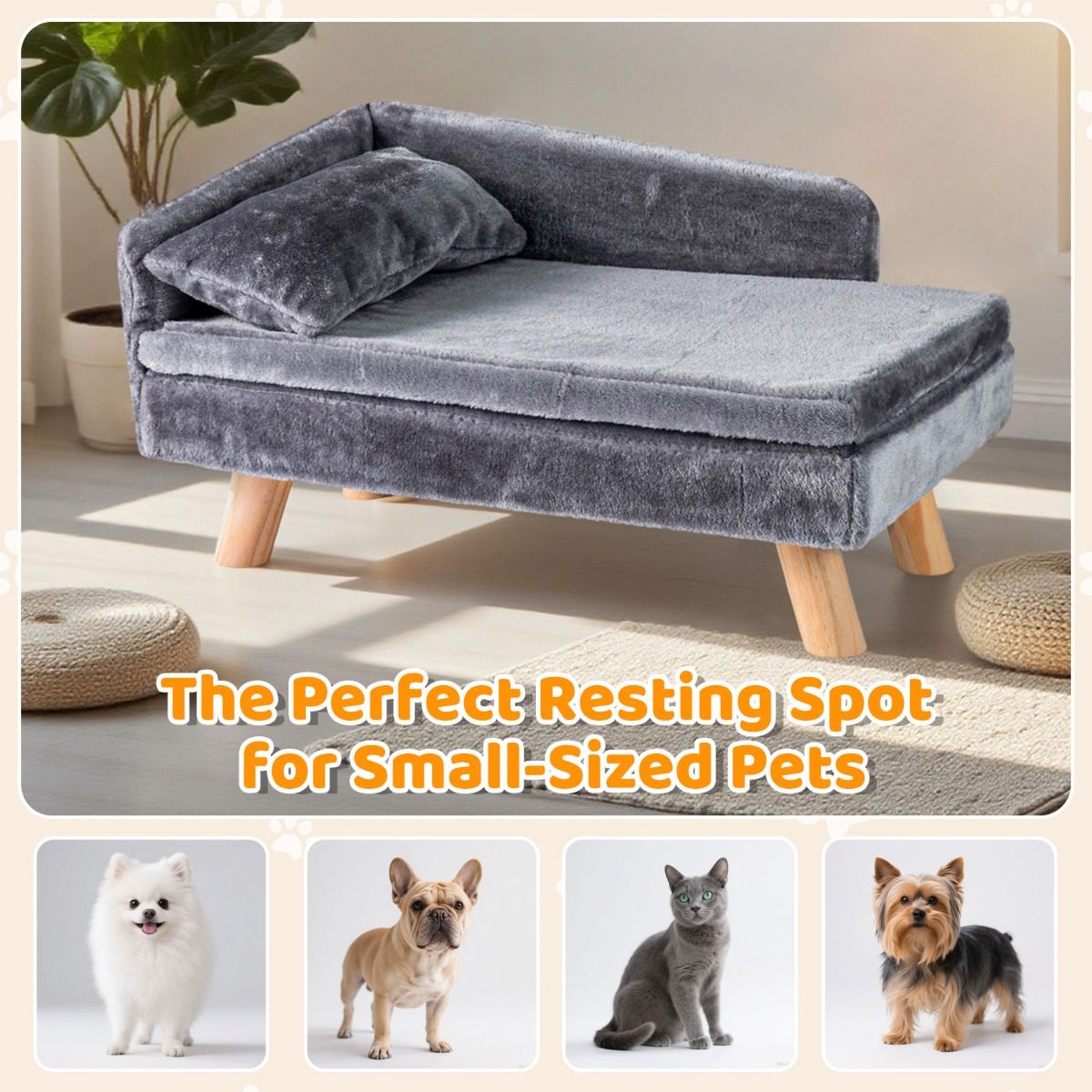 Coast Erhöhtes Haustierbett – Hundesofa mit abnehmbarem Kissen und Kopfkissen – Grau – 71 x 43 x 40 cm